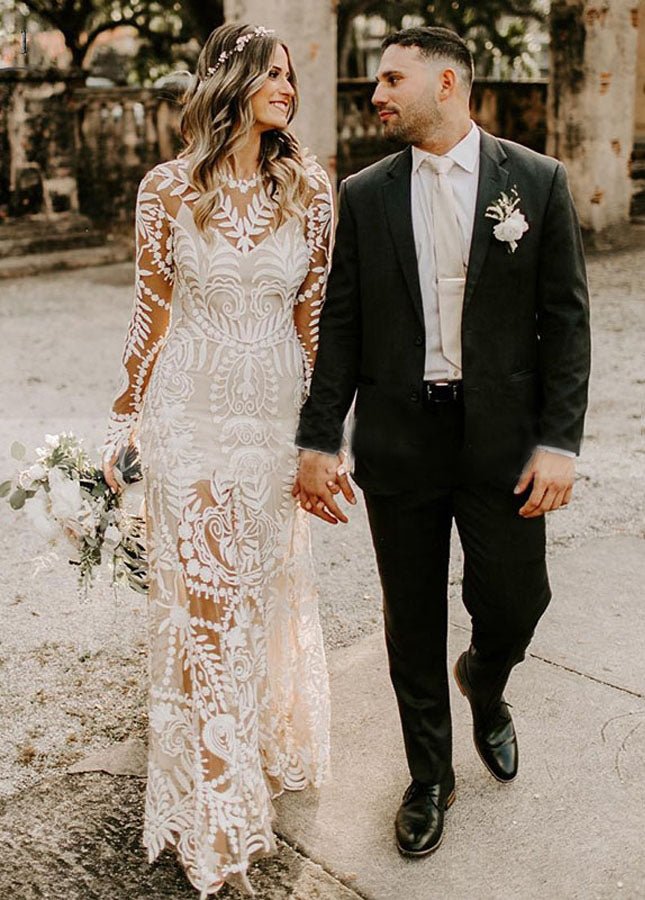 Dramatic Cornelli Lace Wedding Dresses Long Sleeve | KissProm