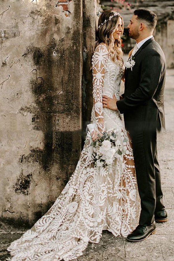 Lace Appliques Long Sleeves Mermaid Long Wedding Dresses