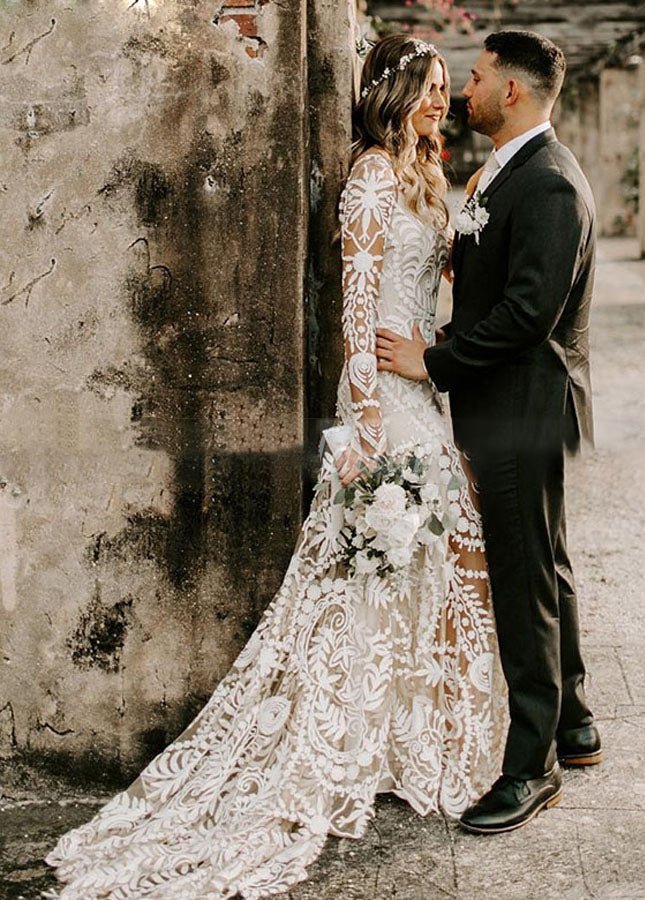 Lace Appliques Long Sleeves Mermaid Long Wedding Dresses