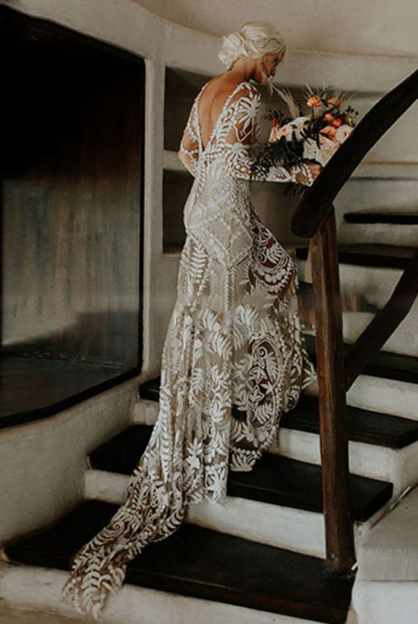 Lace Appliques Long Sleeves Mermaid Long Wedding Dresses