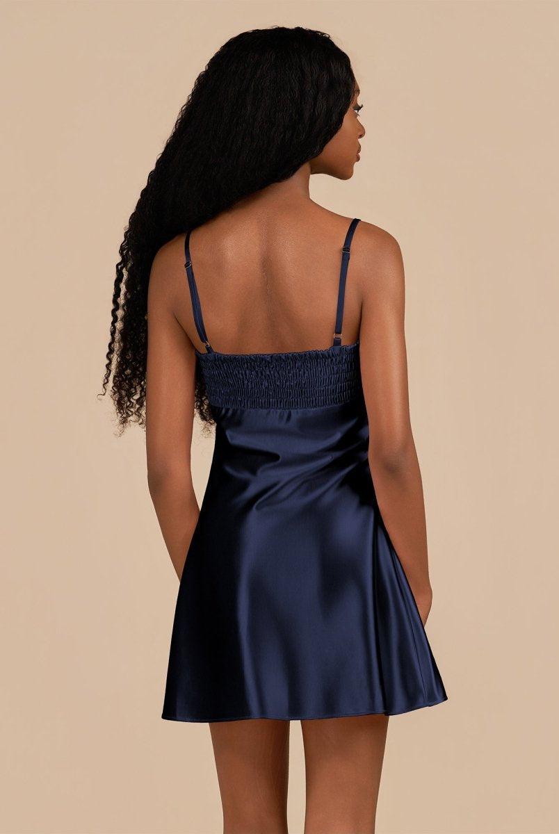 Draya | Navy Blue - Sheath Spaghetti Straps Satin Homecoming Dress - KissProm