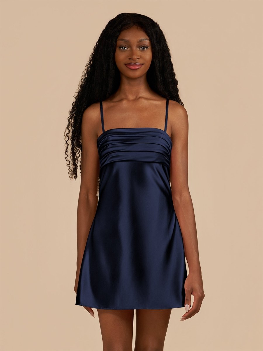 Draya | Navy Blue - Sheath Spaghetti Straps Satin Homecoming Dress - KissProm