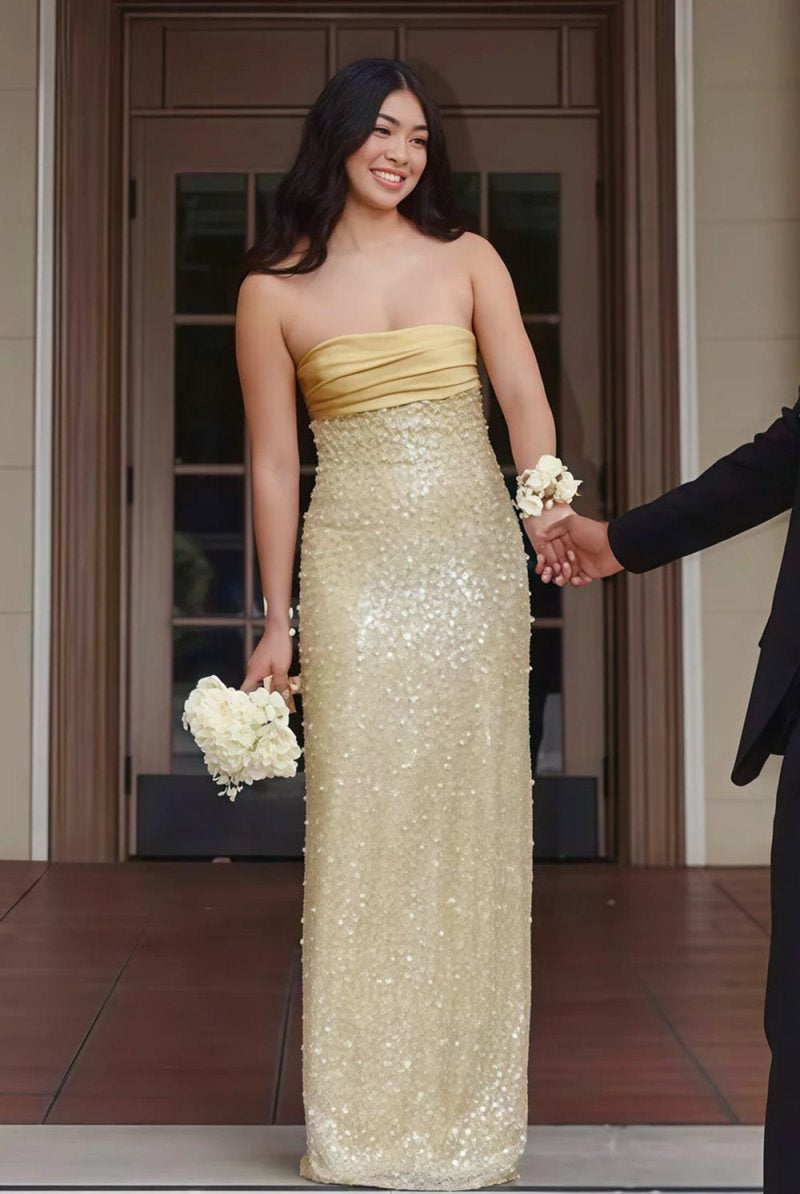 KissProm-Drisella Gold Strapless Mermaid Sequined Pleated Long Prom Dresses With Pearls