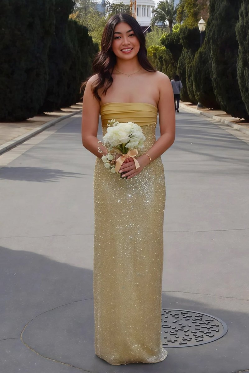 KissProm-Drisella Gold Strapless Mermaid Sequined Pleated Long Prom Dresses With Pearls