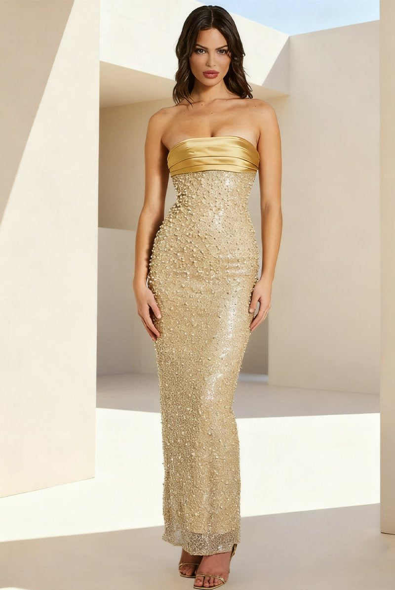 KissProm-Drisella Gold Strapless Mermaid Sequined Pleated Long Prom Dresses With Pearls