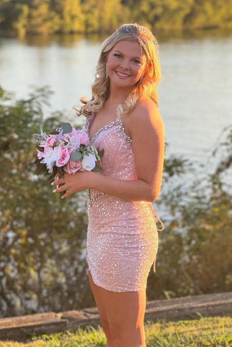 Dulcie | Strapless Pink Sequins Tight Short Homecoming Dresses with Beadings