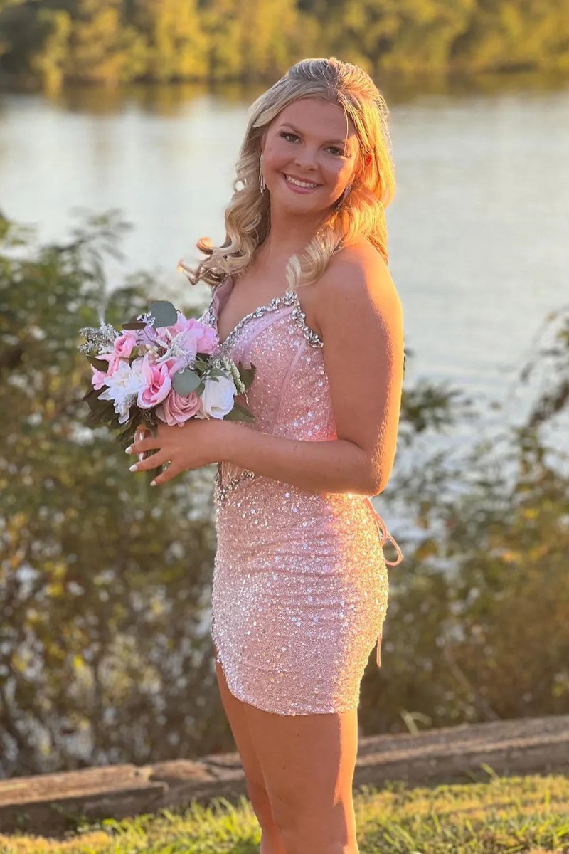 Dulcie | Strapless Pink Sequins Tight Short Homecoming Dresses with Beadings