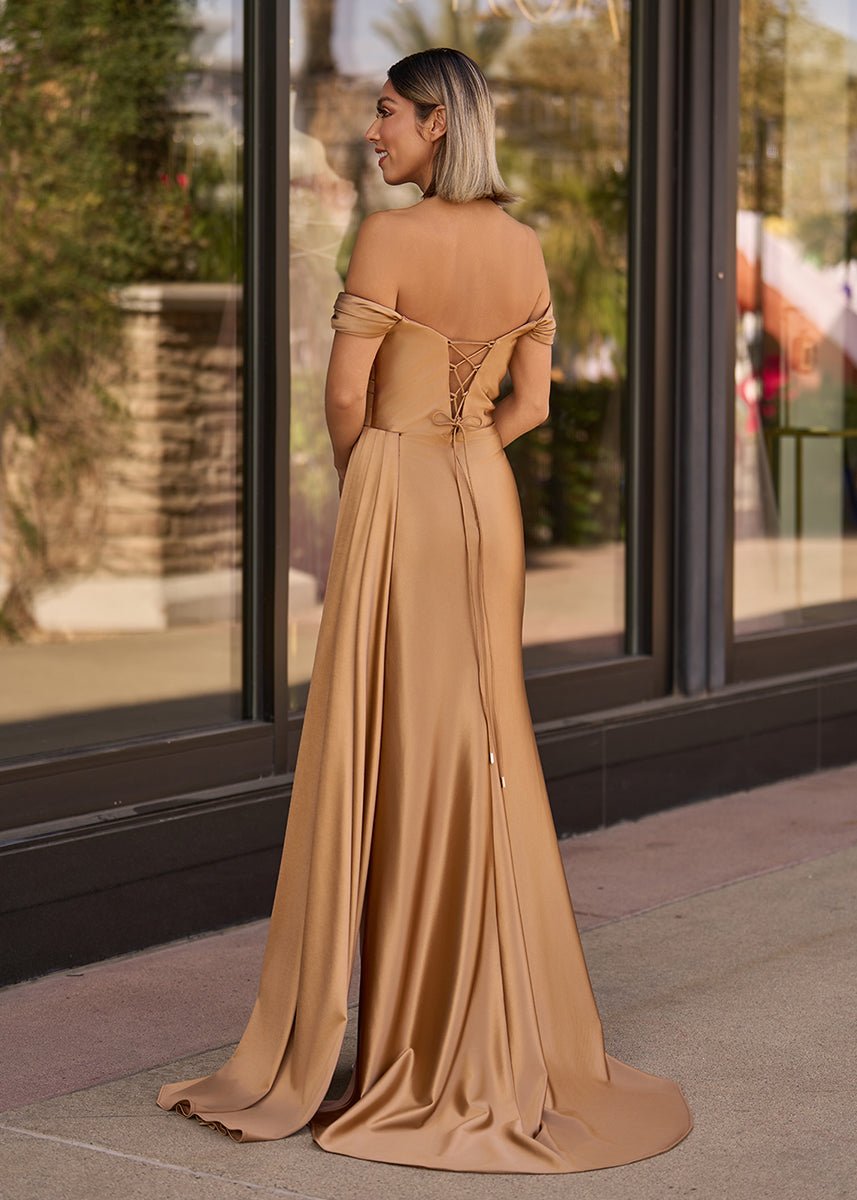 KissProm-Adelaide Gold Mermaid Satin Long Prom Dress With Slit