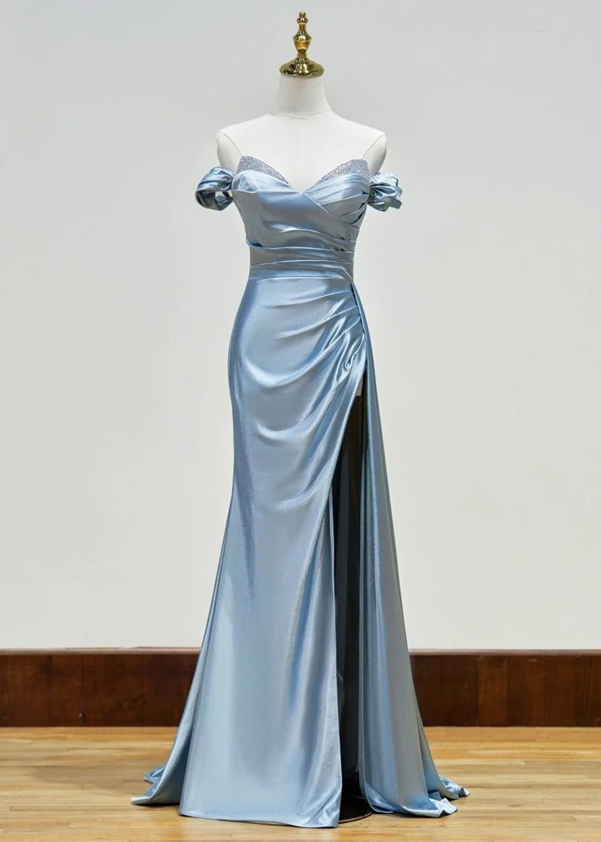 KissProm-Adelaide Dusty Blue Mermaid Satin Long Prom Dress With Slit
