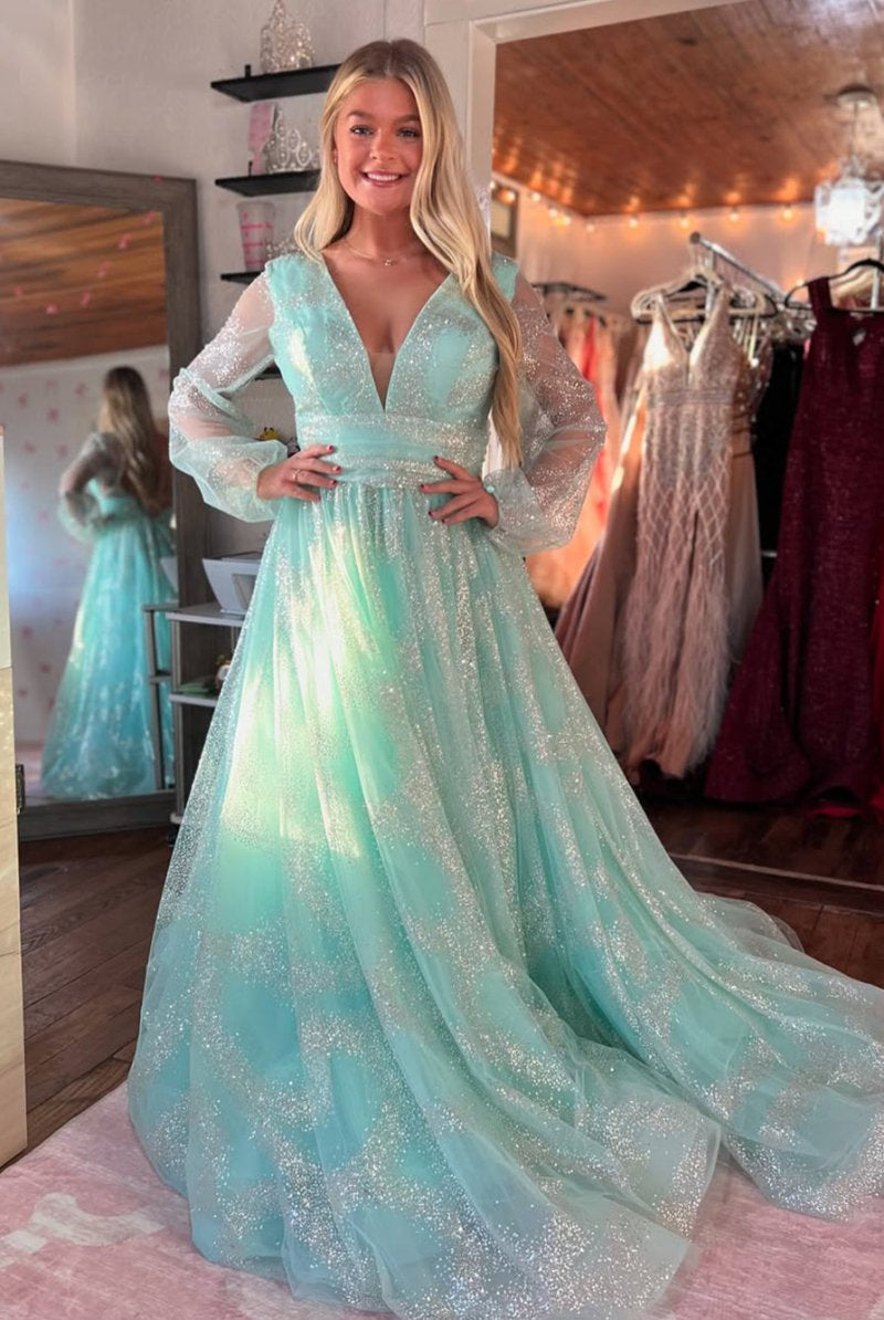 Sandy | Dusty Sage Plunging V Neck Illusion Sleeves Beaded Long Prom Dress - KissProm