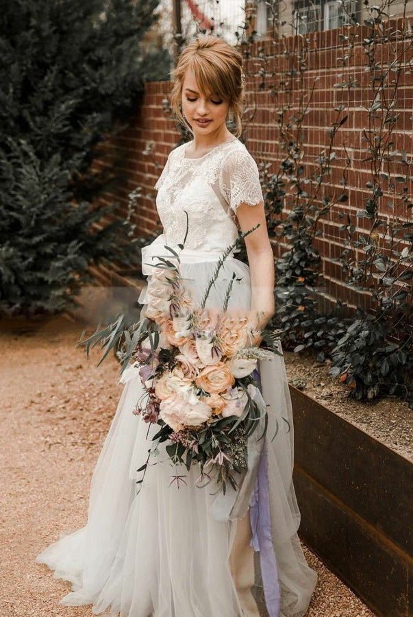 Modest Tulle Lace Short Sleeves Backless A - Line Bridal Gown with Sash - KissProm