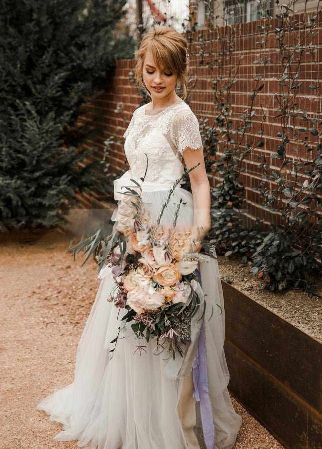 Modest Tulle Lace Short Sleeves Backless A - Line Bridal Gown with Sash - KissProm