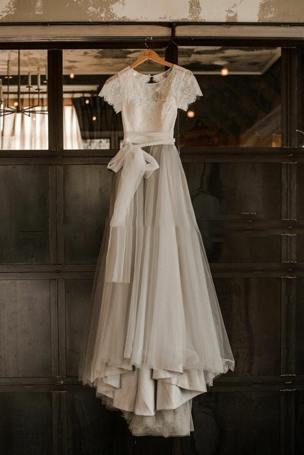 Modest Tulle Lace Short Sleeves Backless A - Line Bridal Gown with Sash - KissProm