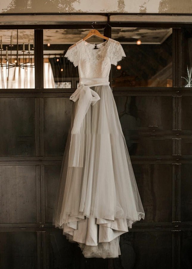 Modest Tulle Lace Short Sleeves Backless A - Line Bridal Gown with Sash - KissProm