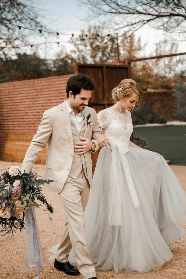 Modest Tulle Lace Short Sleeves Backless A - Line Bridal Gown with Sash - KissProm