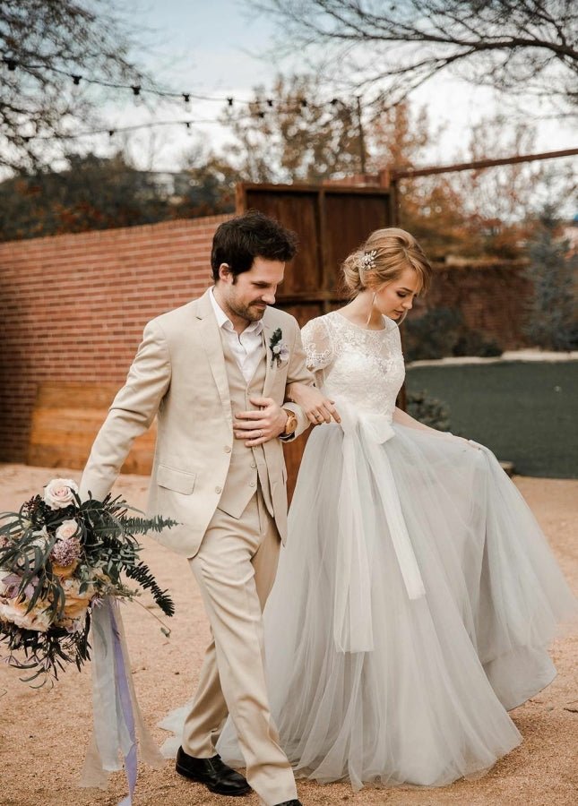 Modest Tulle Lace Short Sleeves Backless A - Line Bridal Gown with Sash - KissProm