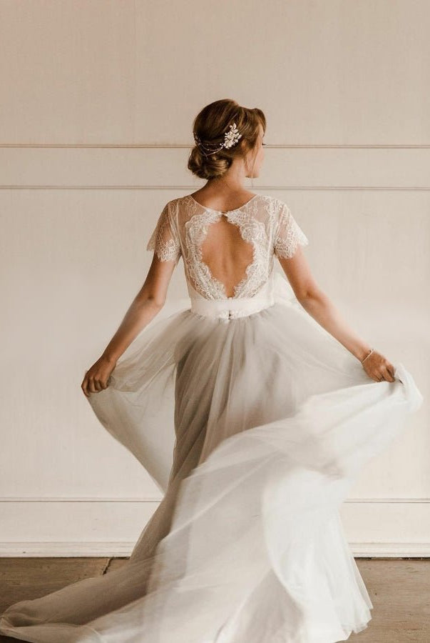 Modest Tulle Lace Short Sleeves Backless A - Line Bridal Gown with Sash - KissProm