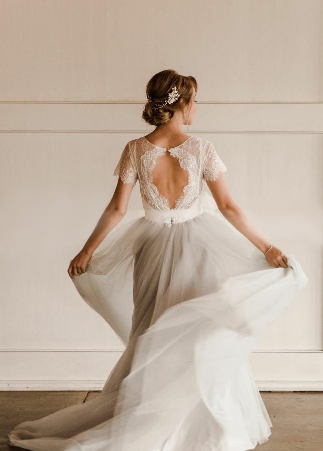 Modest Tulle Lace Short Sleeves Backless A - Line Bridal Gown with Sash - KissProm