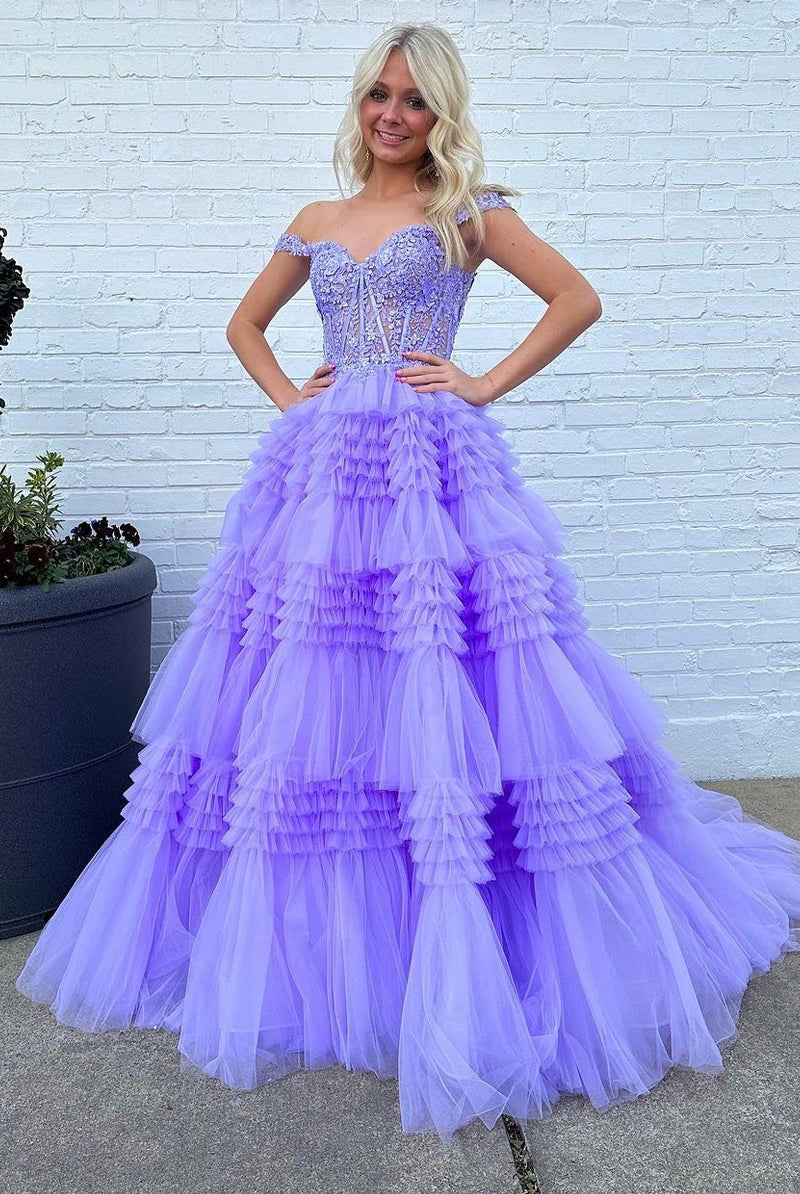 Elina | Red Tulle Off-the-Shoulder Ruffle Tiered Long Prom Dress