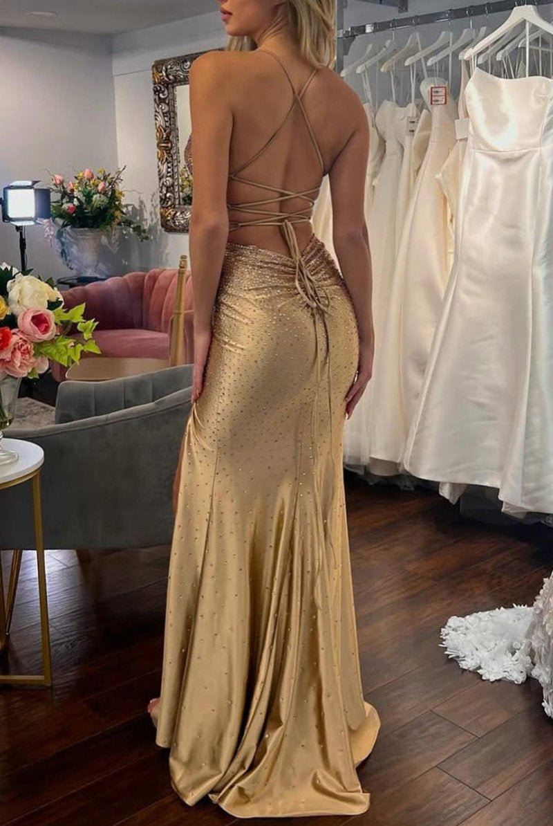 Jean | Sexy Mermaid V Neck Satin Slit Prom Dress with Hot Stone