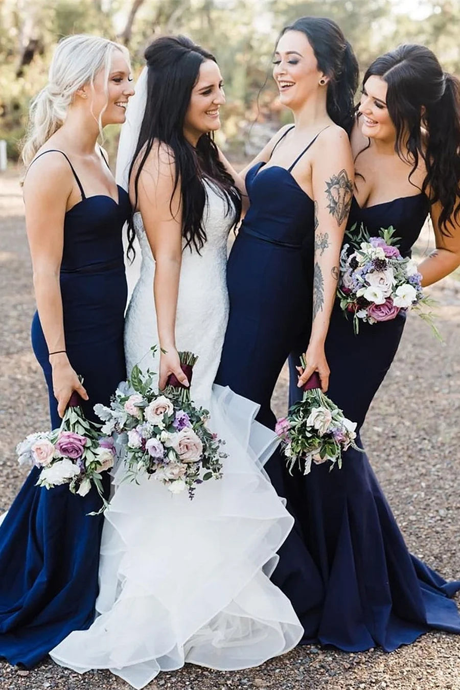 Navy Spaghetti Straps Mermaid Long Bridesmaid Dress - KissProm