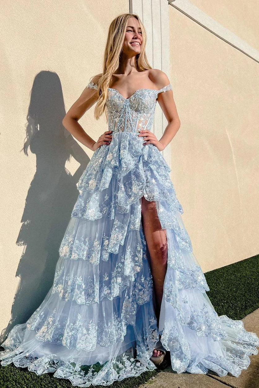 Capri | Blue Crystal Sequins Princess A Line Off the Shoulder Prom Dress with Lace Ruffles - KissProm