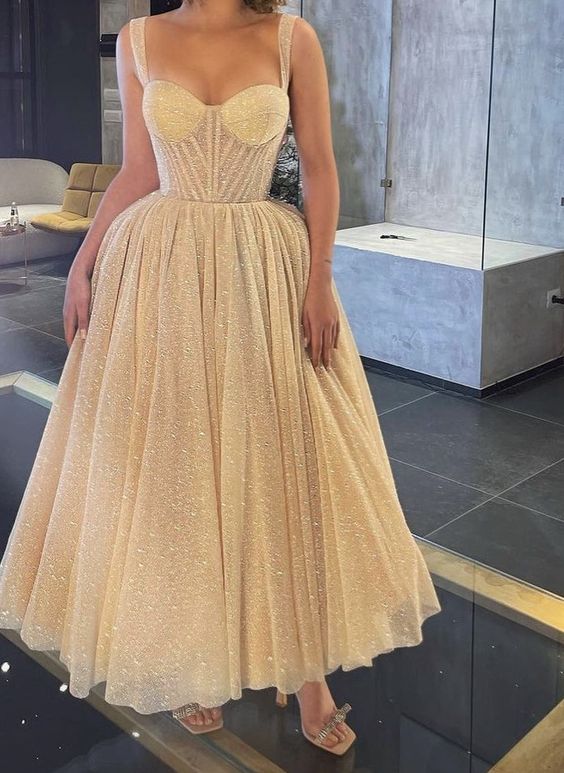 Makayla Champagne A line Ankle-Length Sweetheart Sparkling Tulle Homecoming  Dress