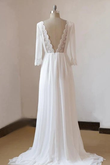 A-Line Chiffon Lace White Satin Weddig Dress
