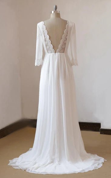 A-Line Chiffon Lace White Satin Weddig Dress