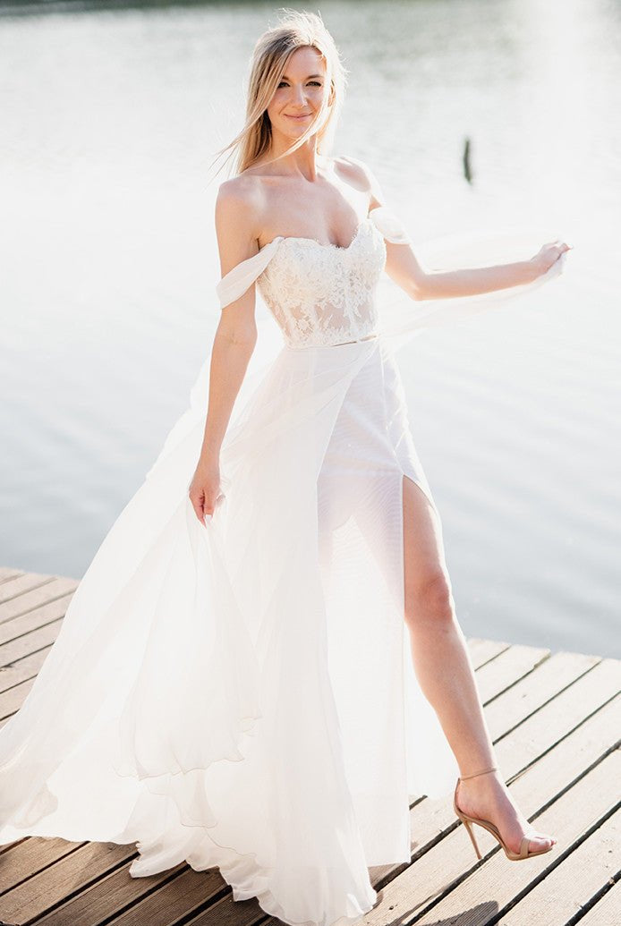 Orlanda | A-Line Lace White Lace-Up Off-the-Shoulder Wedding Dress with Slit