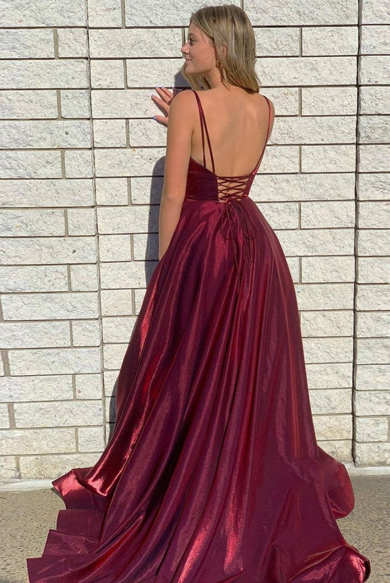 DarkRed Satin A Line Tight Long Prom Dress With Slit - KissProm