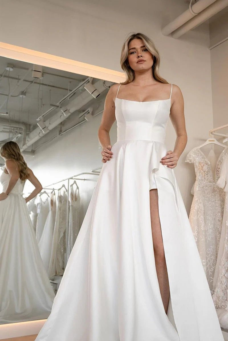 Lilliana | Simple A-Line Scoop Neck Satin Wedding Dresses with Slit