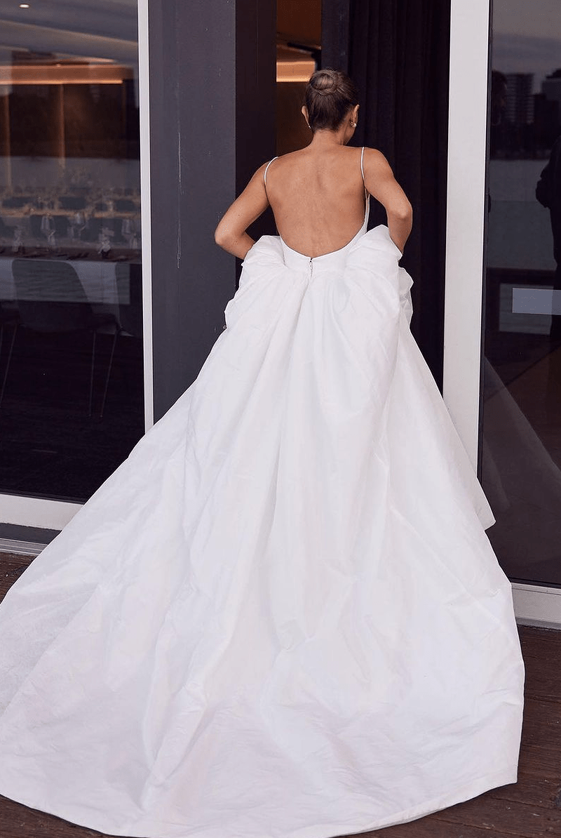 A-Line White Satin Spaghetti Straps Backless Wedding Dresses