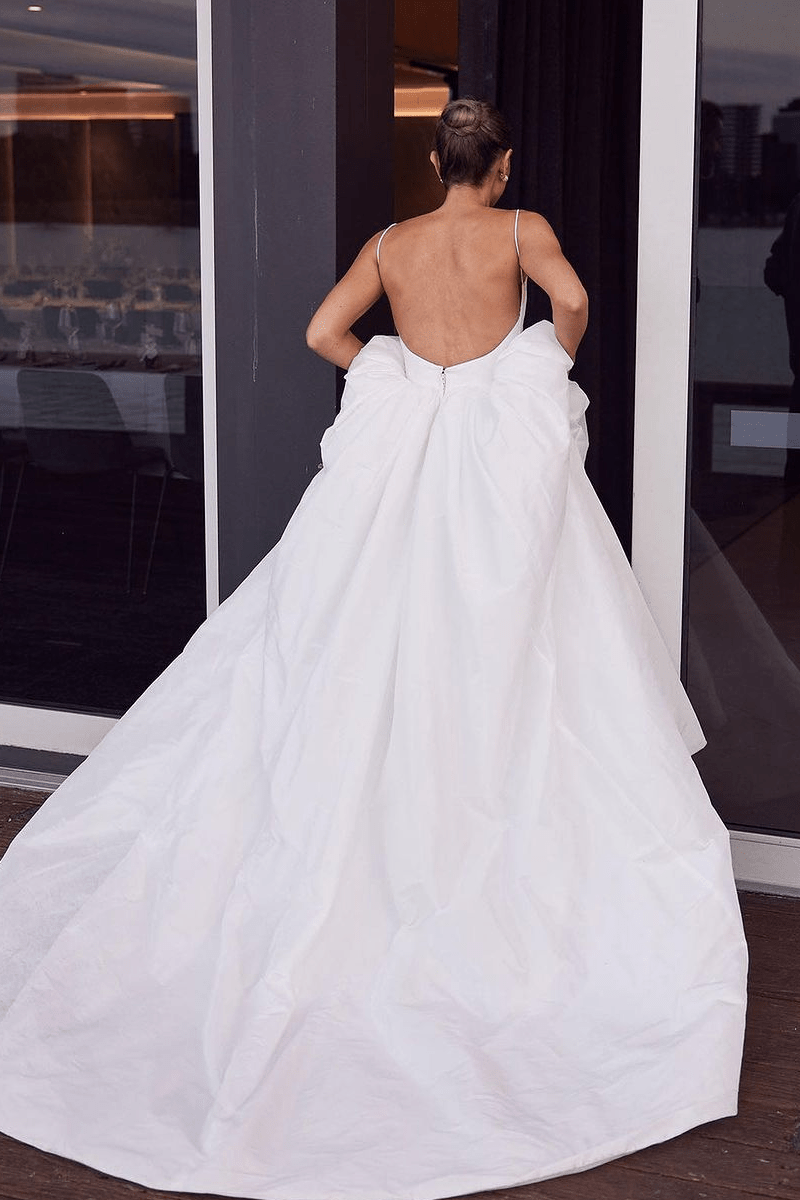 A-Line White Satin Spaghetti Straps Backless Wedding Dresses