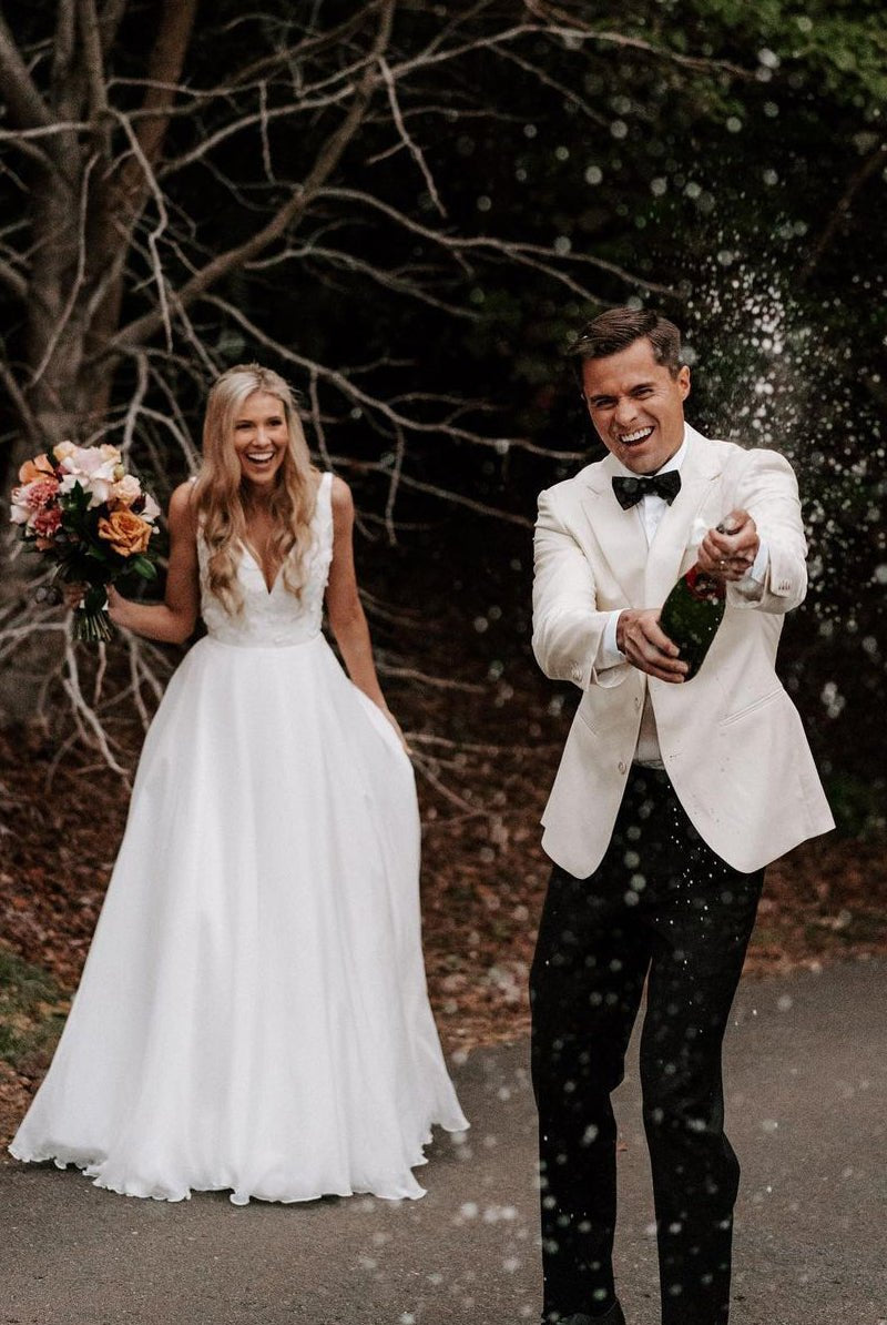 Zuri | Elegant A-Line V Neck White Chiffon Wedding Dress with Appliques