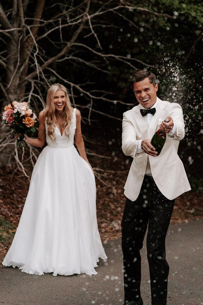 Zuri | Elegant A-Line V Neck White Chiffon Wedding Dress with Appliques