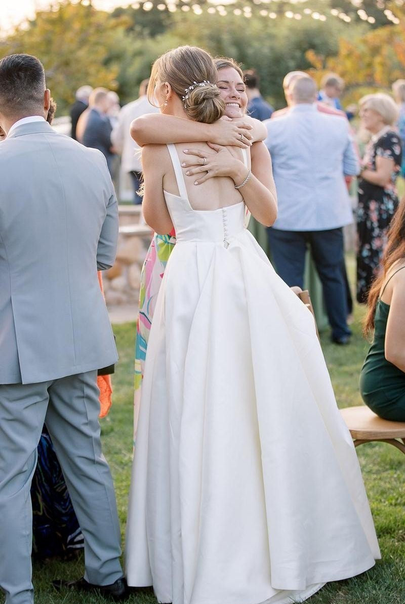 Simple A - Line Square Neck Satin Wedding Dress - KissProm