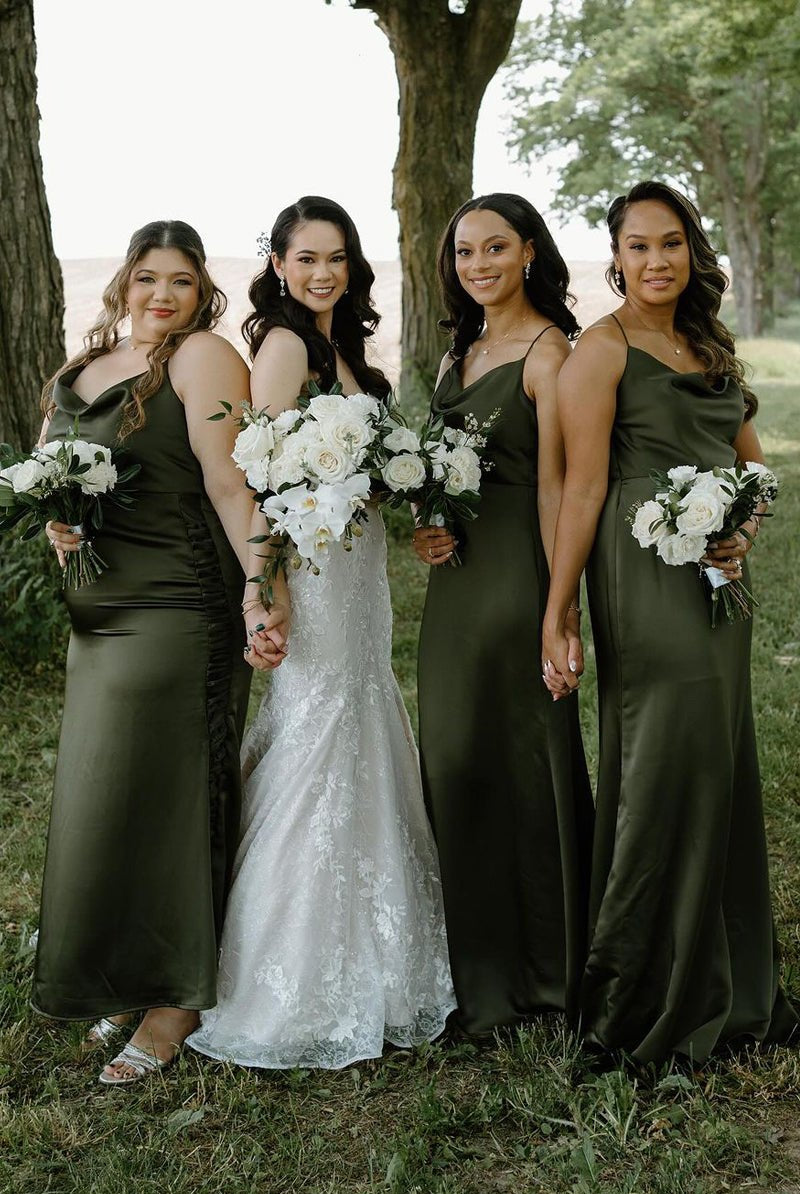 Hunter Green Silk Satin Cowl Neck Bridesmaid Dresses - KissProm