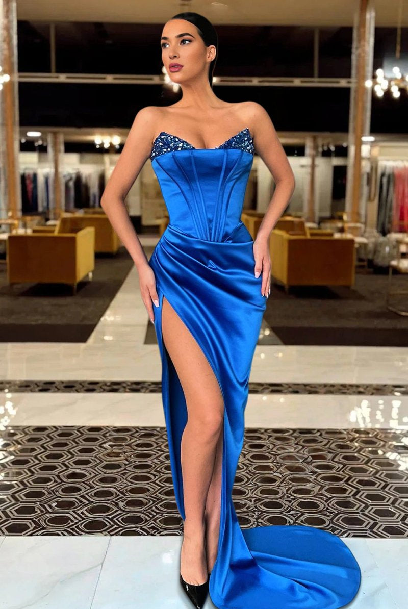 Eadlin | Royal Blue - Strapless Satin Beaded Long Prom Dress With Split - KissProm