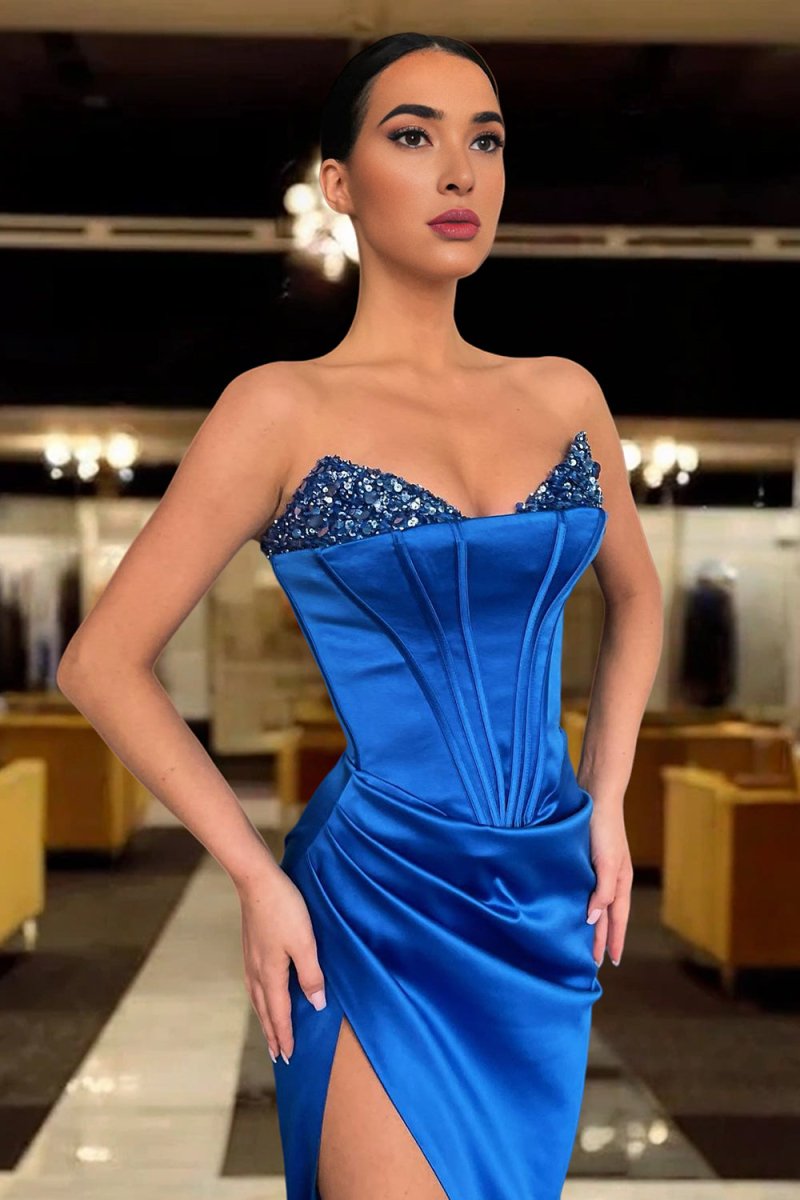Eadlin | Royal Blue - Strapless Satin Beaded Long Prom Dress With Split - KissProm