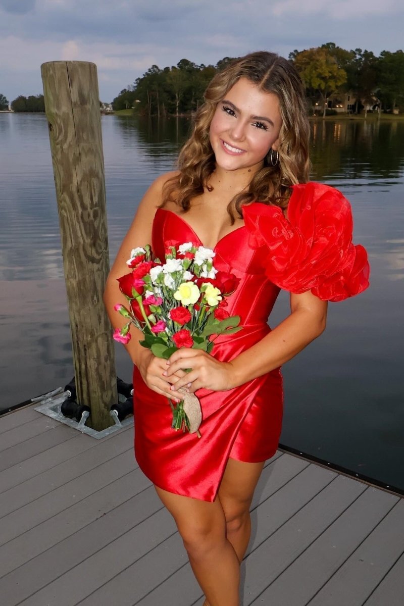 Red - Bodycon One Shoulder Ruched Corset Short Homecoming Dresses Red - Bodycon One Shoulder Ruched Corset Short Homecoming Dresses
