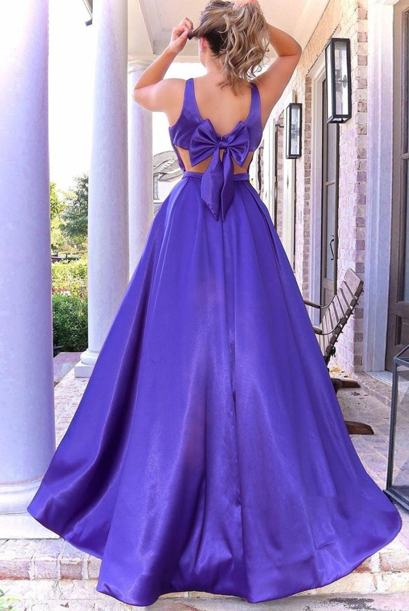 A Line V Neck Long Purple Prom Dress