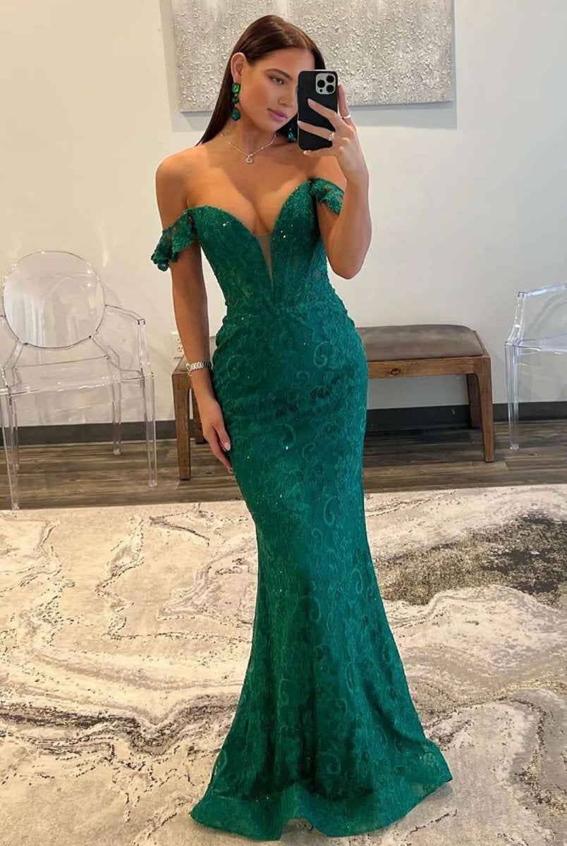 Ebony | Mermaid Emerald Off the Shoulder Lace Long Prom Dress