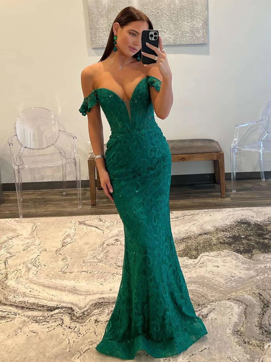 Mermaid Emerald Off the Shoulder Lace Long Prom Dress Mermaid Emerald Off the Shoulder Lace Long Prom Dress