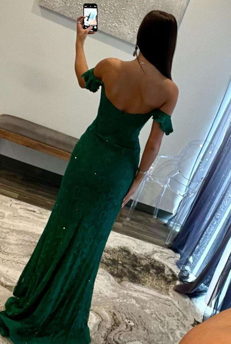 Ebony | Mermaid Emerald Off the Shoulder Lace Long Prom Dress