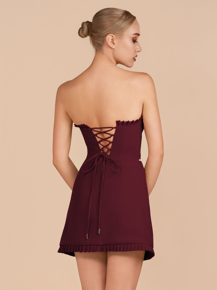 Edna | Burgundy - A - Line Strapless Ruffles Short Homecoming Dresses - KissProm