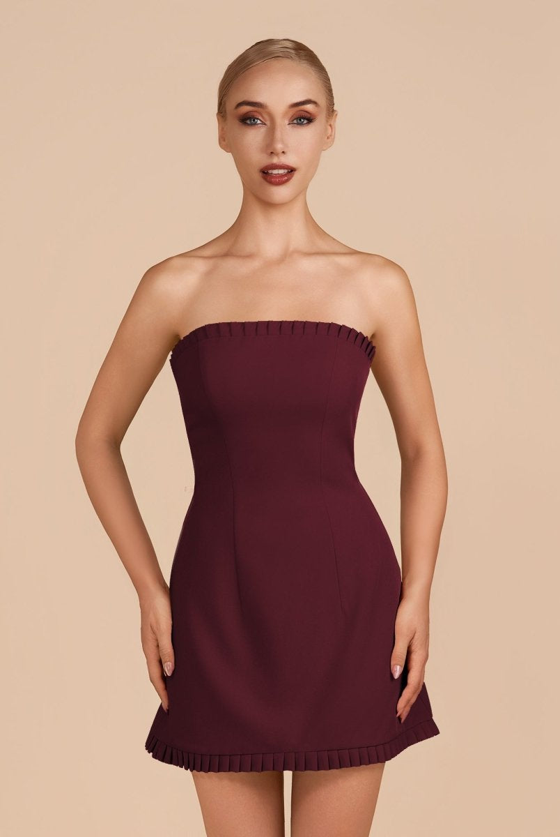 Edna | Burgundy - A - Line Strapless Ruffles Short Homecoming Dresses - KissProm