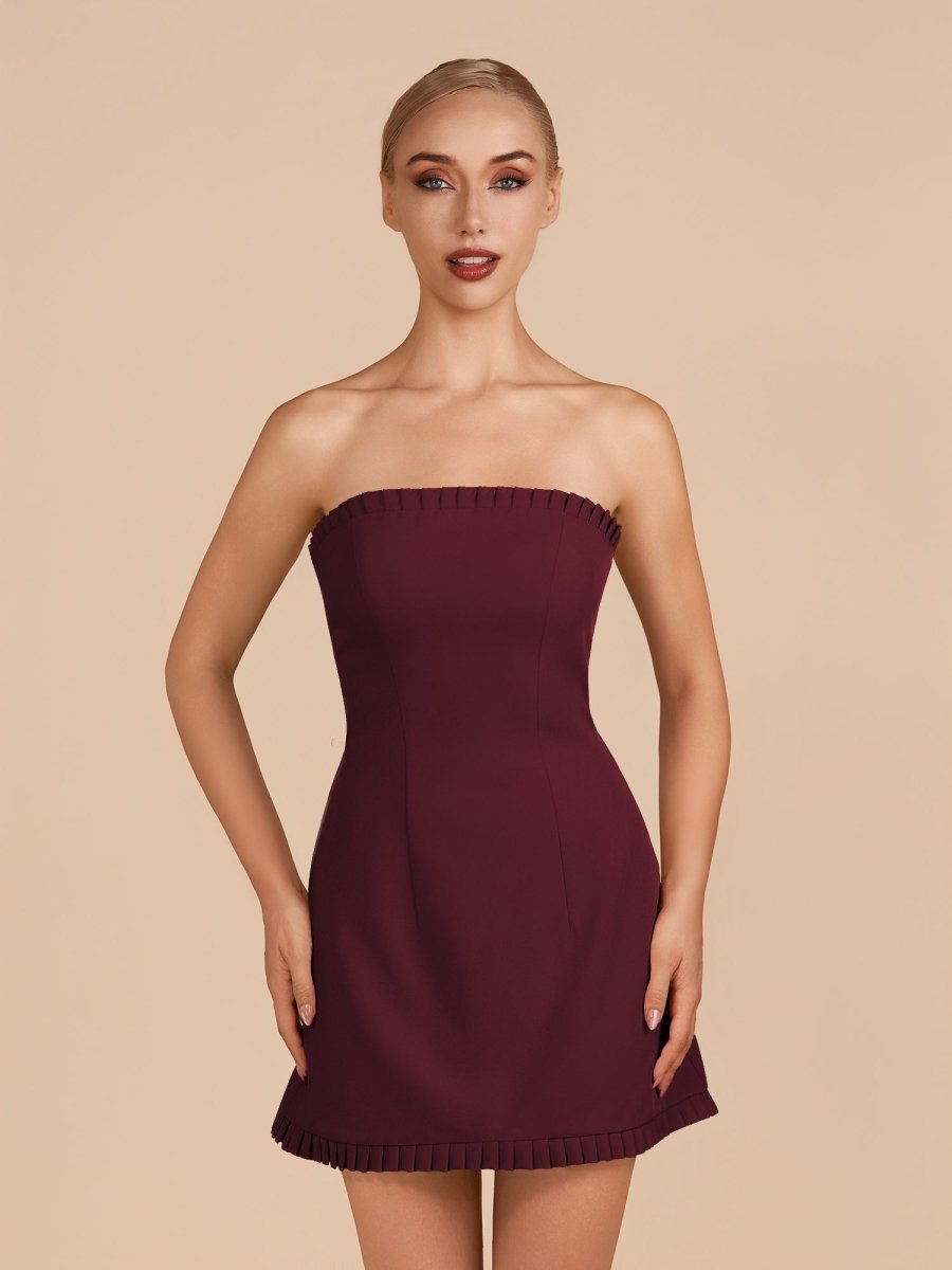 Edna | Burgundy - A - Line Strapless Ruffles Short Homecoming Dresses - KissProm