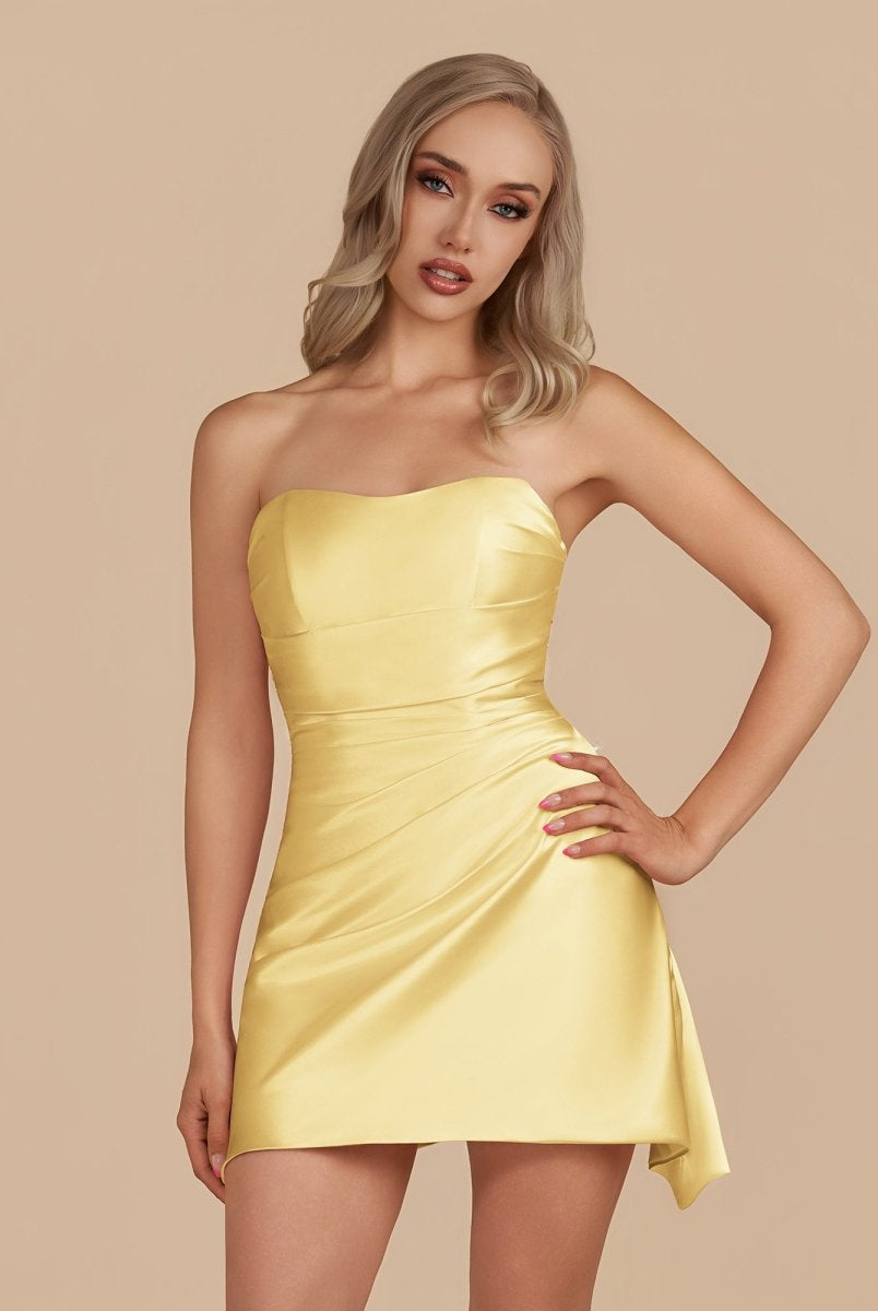 Eila | Yellow - Strapless Sheath Irregular Hem Satin Short Homecoming Dress