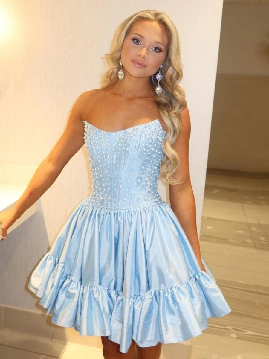 Eirianwen | Sky Blue - Strapless A Line Satin Ruffles Homecoming Dresses With Pearls